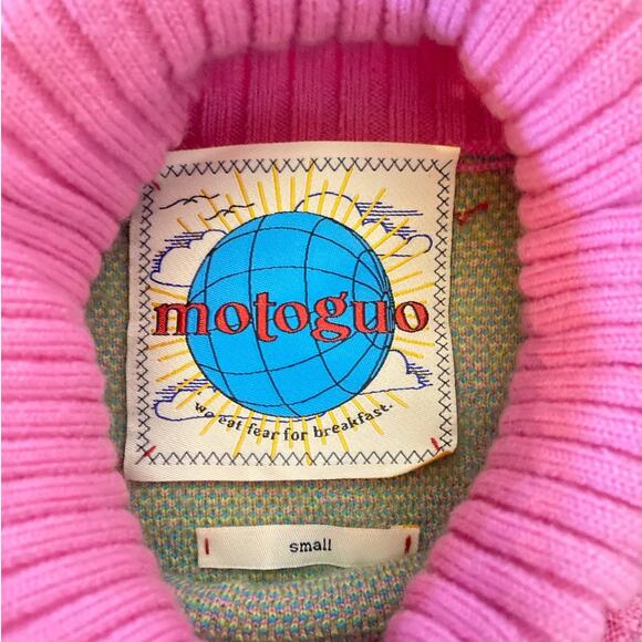 Motoguo Designer 100% Merino Wool Bow Argyle Turtleneck Sweater Pink Green Small - Picture 11 of 14